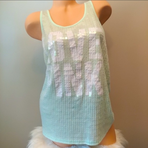 PINK Victoria's Secret Tops - VS PINK Mint Green Graphics Sequins Racerback Tank